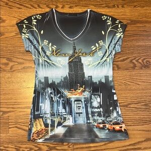 Bedazzled New York Graphic V-Neck Women's Top!